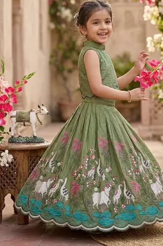 New girls earthy olive green pichwai embroidered lehenga choli set