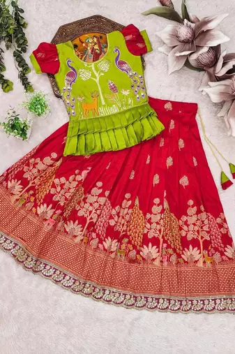 New kids red color little deer forest fantasy lehenga choli set