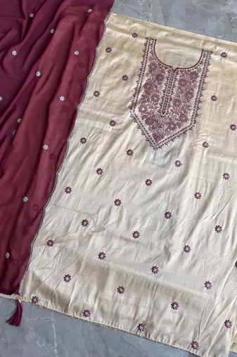 Khadi cotton white suit with pink dupatta 3 piece pair for women