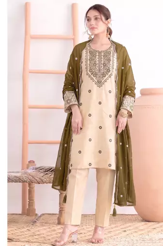 Khadi cotton white suit with mahendi dupatta 3 piece pair for women
