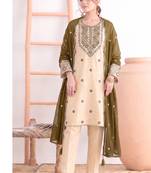 Khadi cotton white suit with mahendi dupatta 3 piece pair for women
