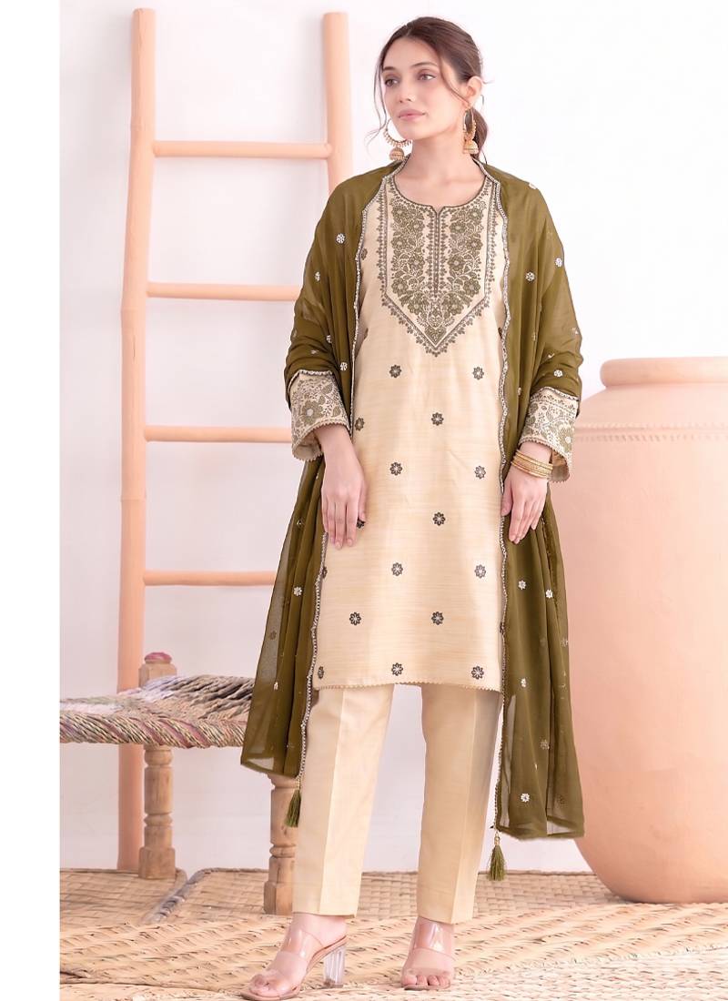 Khadi cotton white suit with mahendi dupatta 3 piece pair for women