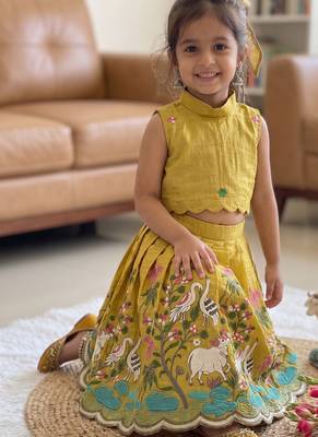  kids vibrant yellow pichwai embroidered lehenga choli set 3