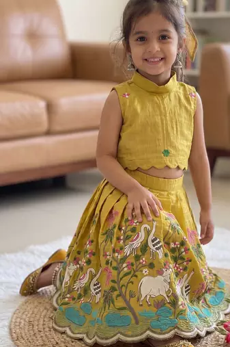 New kids vibrant yellow pichwai embroidered lehenga choli set