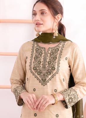 Khadi cotton white suit with mahendi dupatta 3 piece pair for women 2