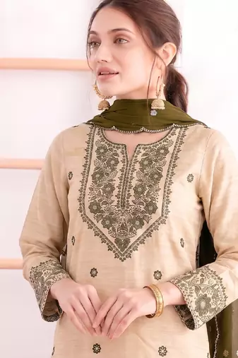 Khadi cotton white suit with mahendi dupatta 3 piece pair for women