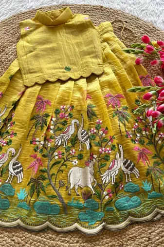 New kids vibrant yellow pichwai embroidered lehenga choli set