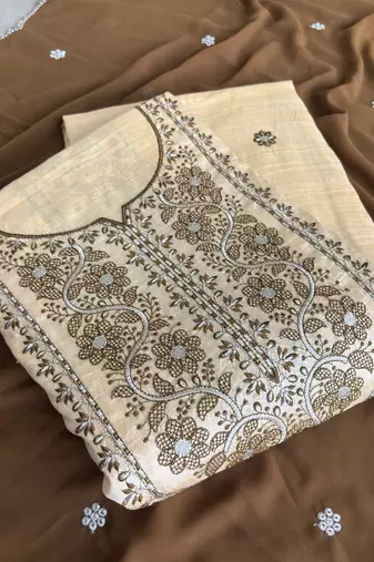 Khadi cotton white suit with mahendi dupatta 3 piece pair for women