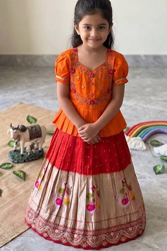 Ethnic wear girls brocade border orange lehenga choli set