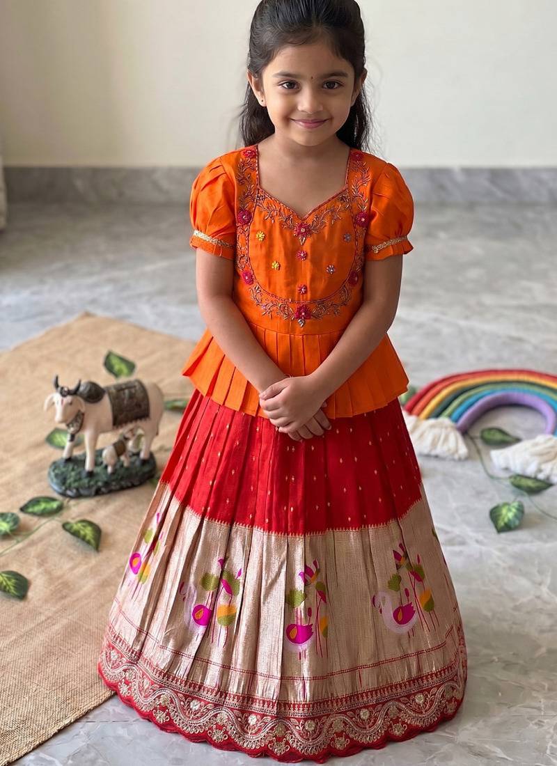 Ethnic wear girls brocade border orange lehenga choli set