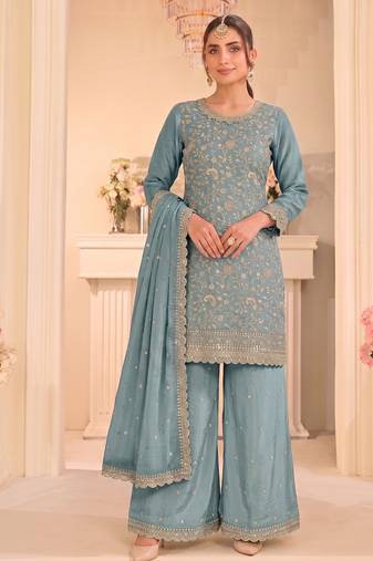 Sky blue vichitra silk palazzo suit for women festival wear