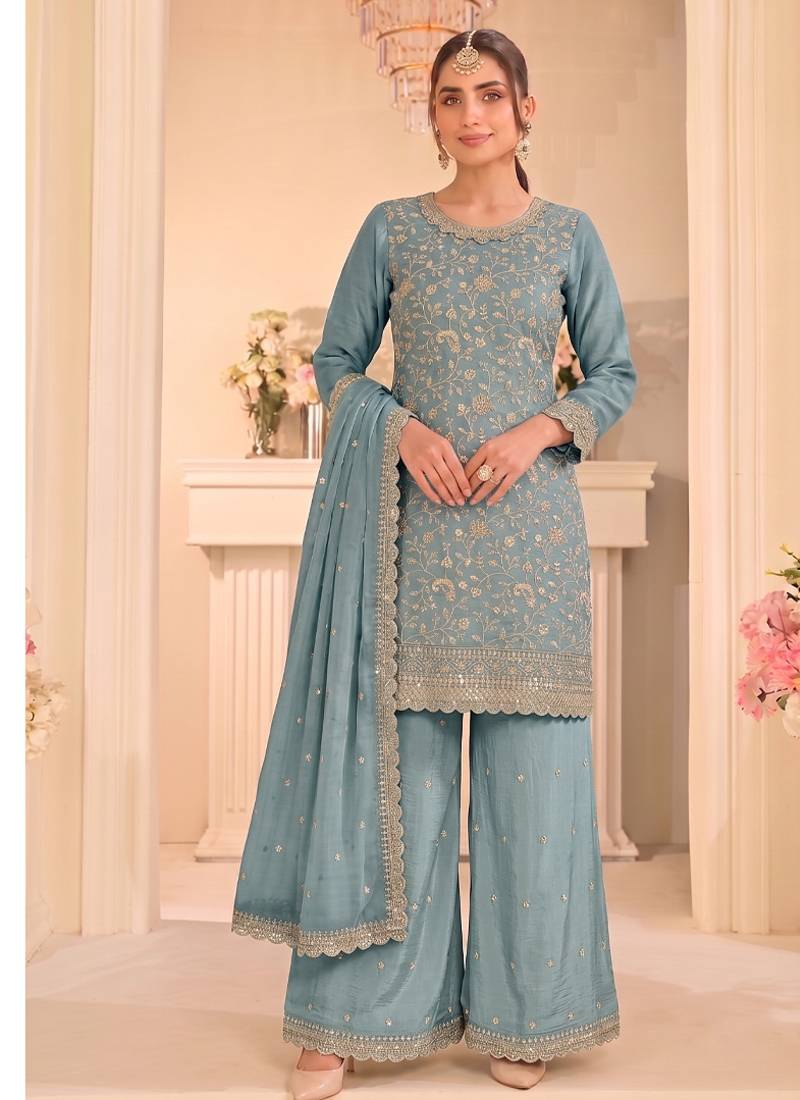 Sky blue vichitra silk palazzo suit for women festival wear