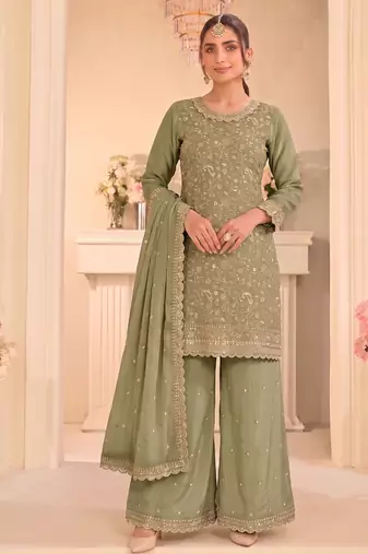 Pista green vichitra silk palazzo suit for women festival wear
