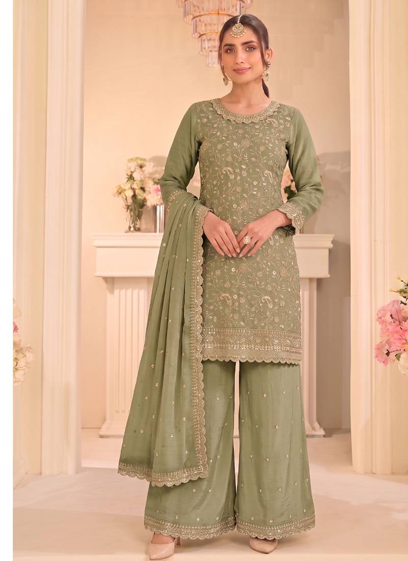 Pista green vichitra silk palazzo suit for women festival wear