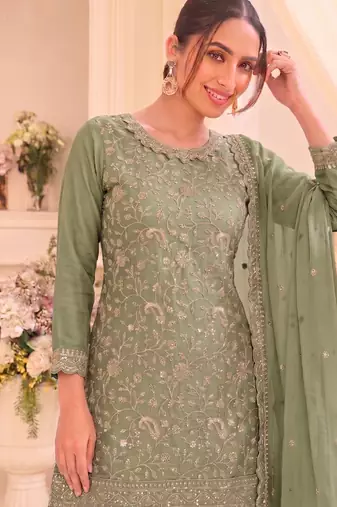 Pista green vichitra silk palazzo suit for women festival wear