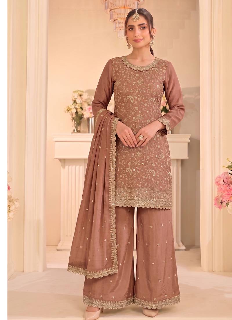 Peach vichitra silk palazzo suit for women festival wear