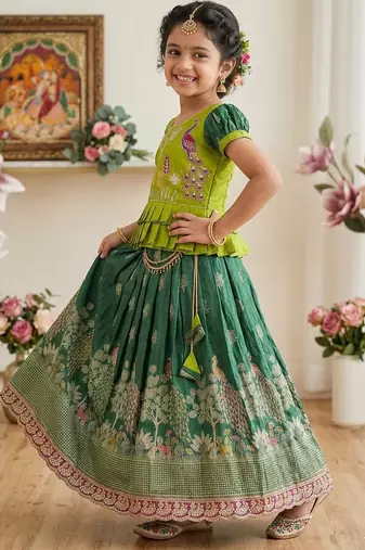 New kids green color little deer forest fantasy lehenga choli set
