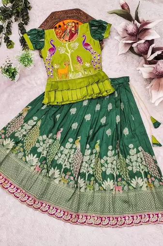 New kids green color little deer forest fantasy lehenga choli set
