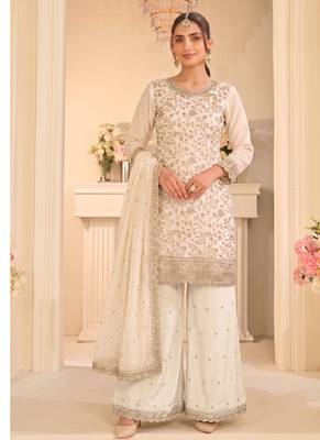 White vichitra silk palazzo suit for women festival wear 1