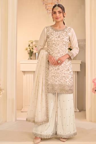White vichitra silk palazzo suit for women festival wear