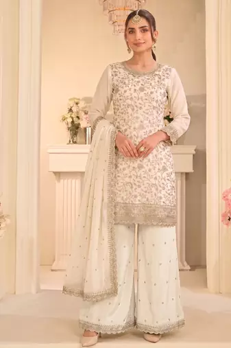 White vichitra silk palazzo suit for women festival wear