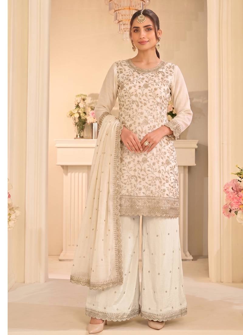 White vichitra silk palazzo suit for women festival wear
