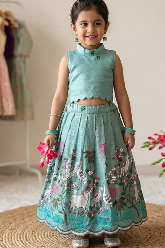 New girls sky blue pichwai embroidered lehenga choli set