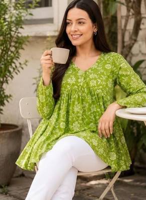 Anushil floral printed short kurti for women | cotton blend a-line tunic top | v-neck gathered top 5