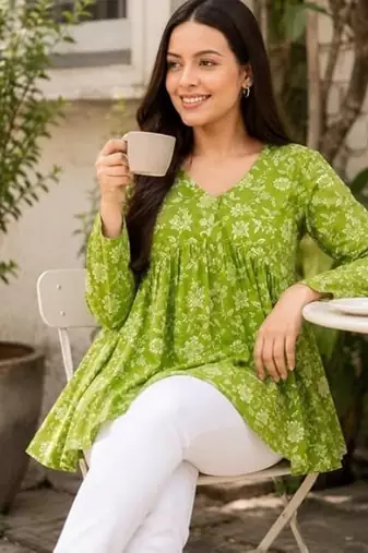 Anushil floral printed short kurti for women | cotton blend a-line tunic top | v-neck gathered top
