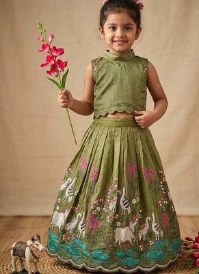 New girls earthy olive green pichwai embroidered lehenga choli set 3