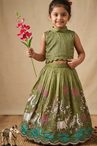 New girls earthy olive green pichwai embroidered lehenga choli set
