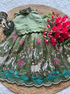 New girls earthy olive green pichwai embroidered lehenga choli set 4