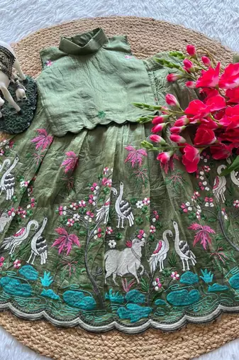 New girls earthy olive green pichwai embroidered lehenga choli set