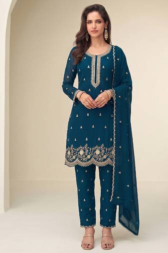 Bollywood style teal blue georgette suit for women