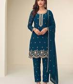 Bollywood style teal blue georgette suit for women