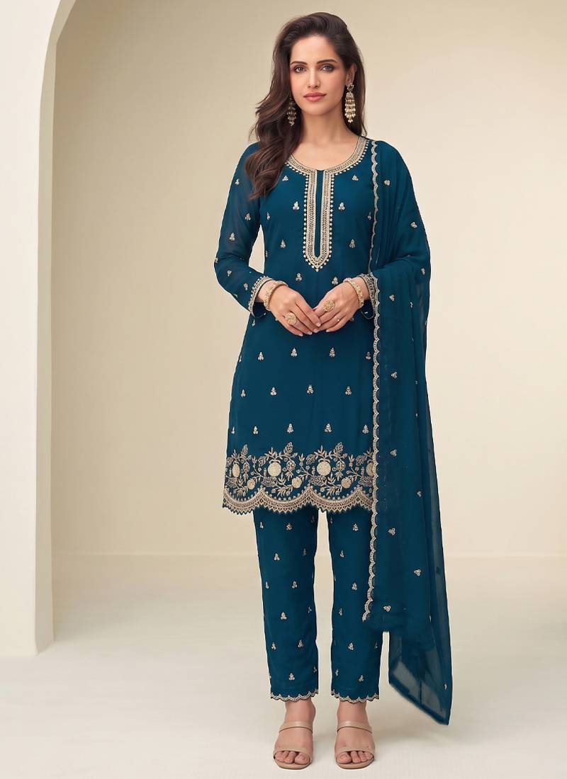 Bollywood style teal blue georgette suit for women