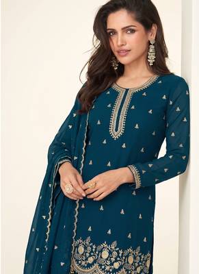 Bollywood style teal blue georgette suit for women 2