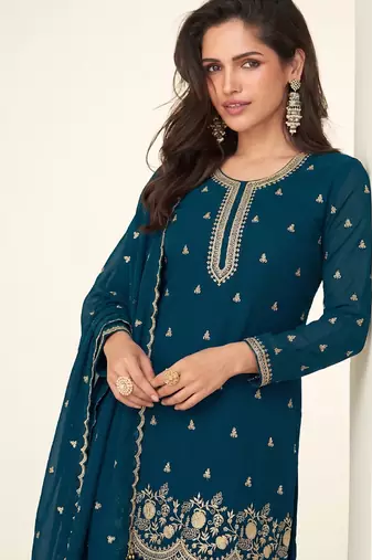 Bollywood style teal blue georgette suit for women