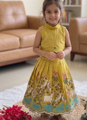  kids vibrant yellow pichwai embroidered lehenga choli set 1