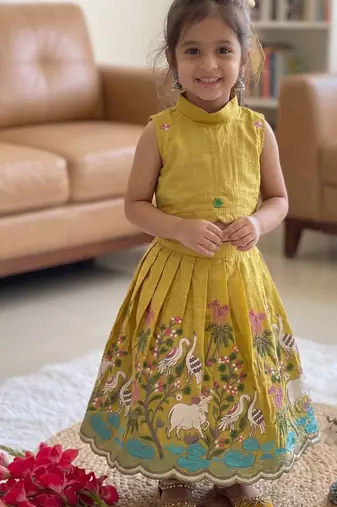 New kids vibrant yellow pichwai embroidered lehenga choli set