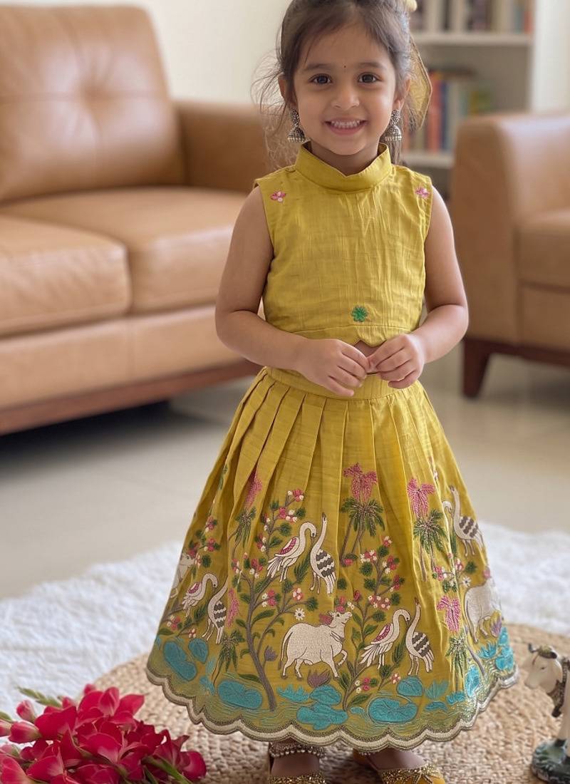 New kids vibrant yellow pichwai embroidered lehenga choli set