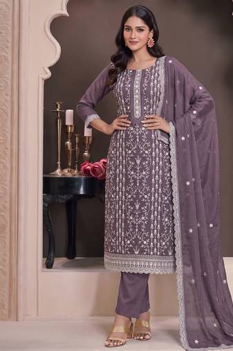 Lilac summer wear rangoli silk straight suit for women