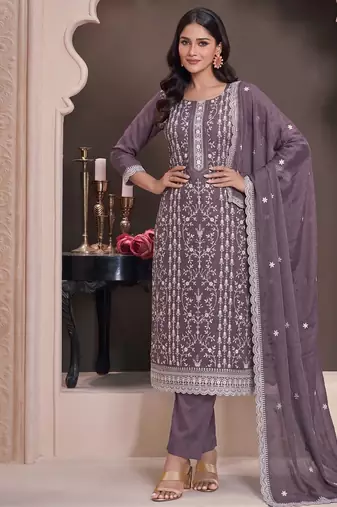 Lilac summer wear rangoli silk straight suit for women