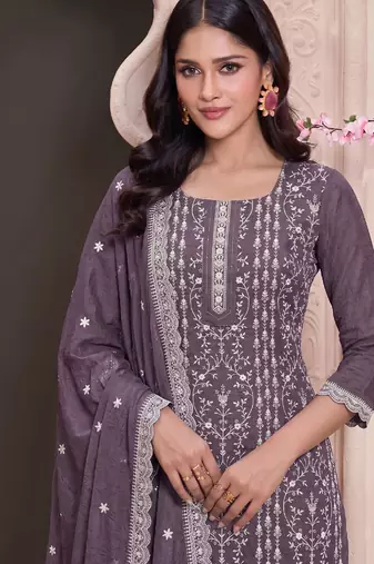 Lilac summer wear rangoli silk straight suit for women