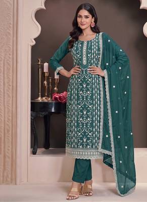 Aqua blue summer wear rangoli silk straight suit for women 1