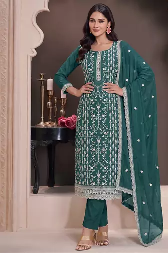 Aqua blue summer wear rangoli silk straight suit for women