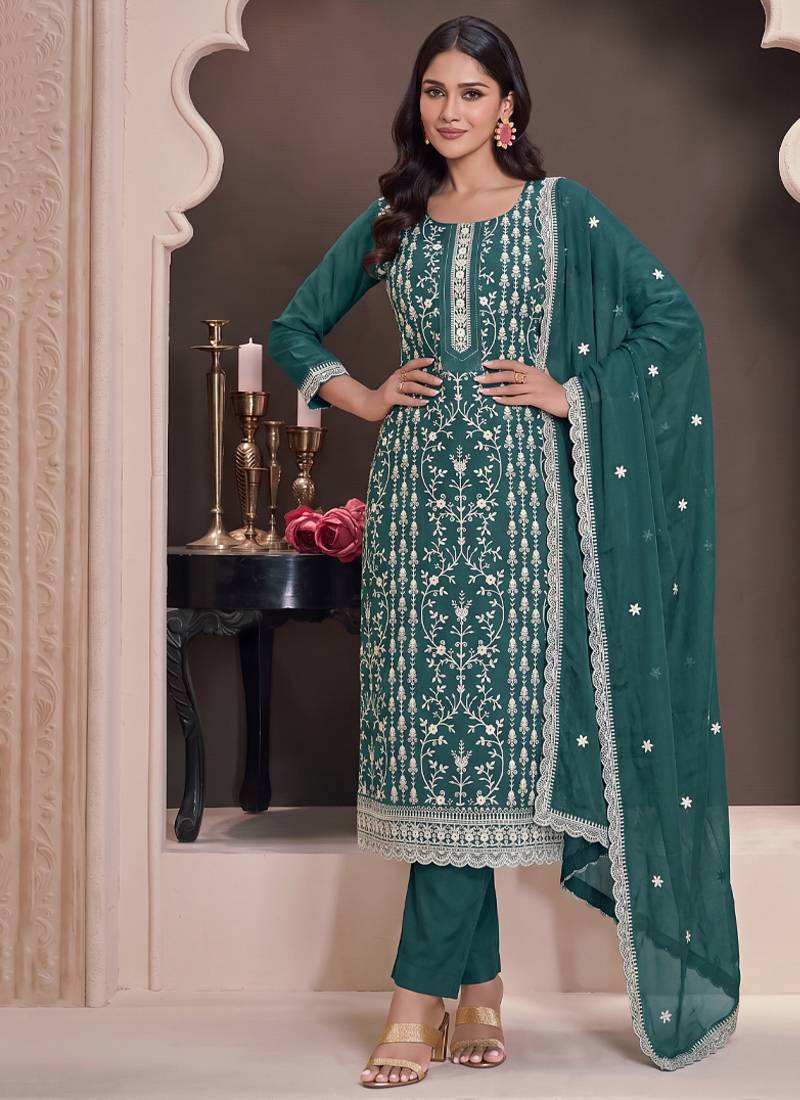 Aqua blue summer wear rangoli silk straight suit for women