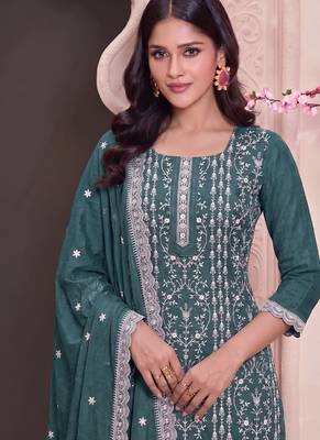 Aqua blue summer wear rangoli silk straight suit for women 2