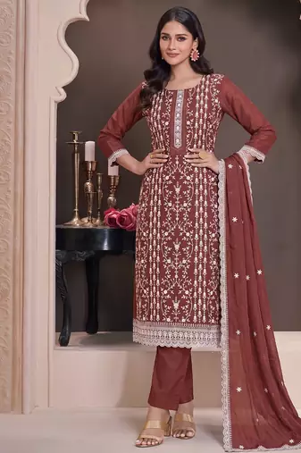 Rust summer wear rangoli silk straight suit for women