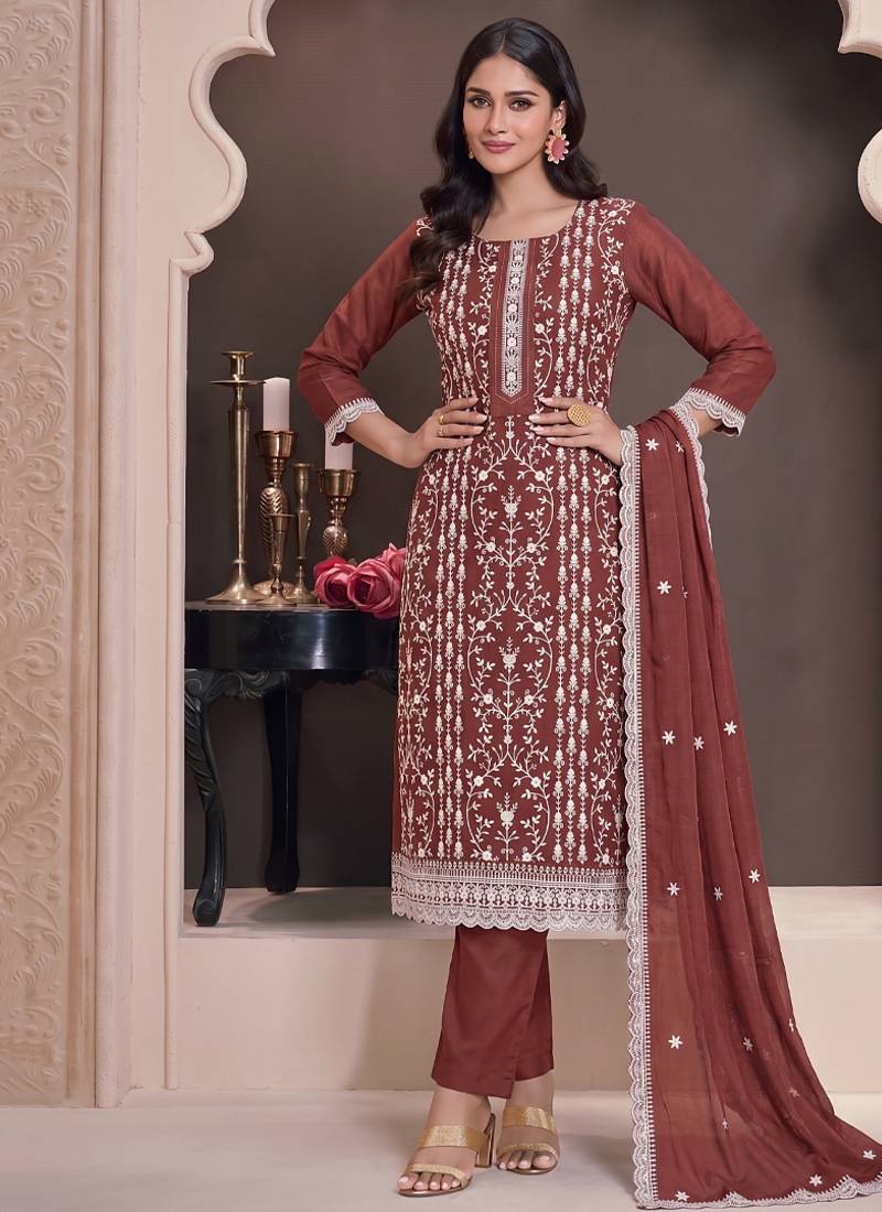 Rust summer wear rangoli silk straight suit for women